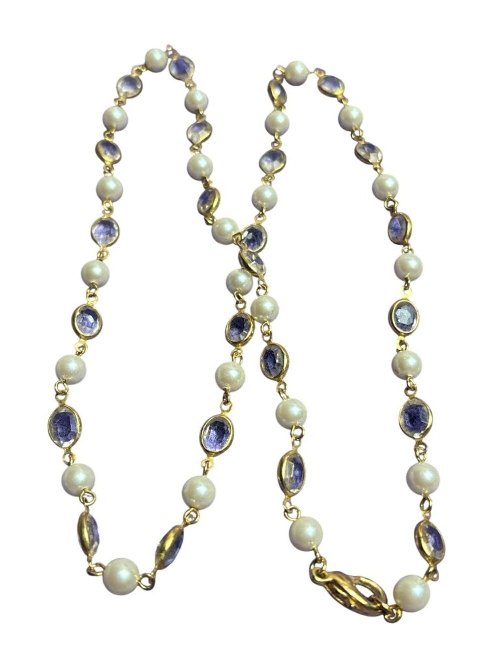Goldtone Clear Faceted Rhinestone Faux Pearl Beaded Chain Necklace Lobster Clasp
